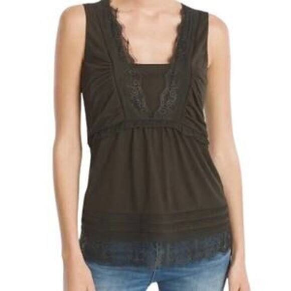 White House Black Market Size Large Olive Green Lace Trim Sleeveless Soft Blouse - Picture 2 of 6
